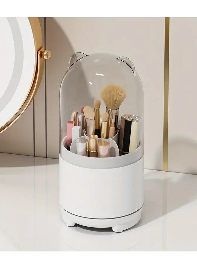 Bear Designed Makeup Brush Holder with Dustproof Cover Rotating Organizer for Vanity Bathroom and Countertop Clear cover for easy Storage and access
