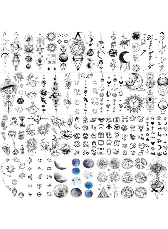 28 Sheets Outer Space Temporary Tattoos For Kids Women Men, 3D Fake Realistic Star Sun Moon Tattoo Stickers Boys Girls, Long Lasting Geometric Planets Universe Tattoos Neck Small Solar System