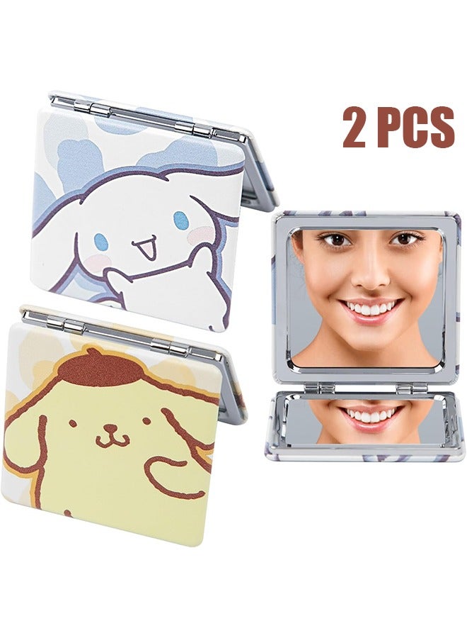 2 Pcs Cute Compact Travel Mirror, Small Pocket Makeup Mirror with 1X/2X Magnifying, PU Leather Kawaii Mirror, Portable Mirror for Bag, Pocket, Purse(Cinnamon Dog, Pudding Dog)