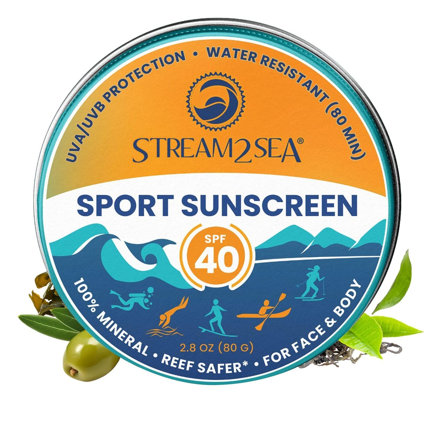 STREAM2SEA SPF40 Unscented Reef Safe Mineral Sport Sunscreen in Tin with 20% EcoSafe Zinc for Face & Body, Natural Organic Biodegradable Non Toxic Coral Reef Safe Sunscreen, Travel Size, Mineral Based