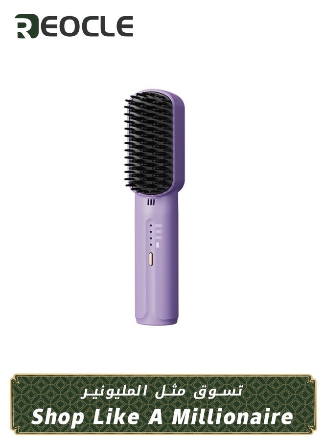 Electric Ionic Hair Straightening Brush with Gift Box Velvet Storing Bag PTC Heating Technology Fast Heating Portable Rechargeable Hair Straightener Comb for Travel Home Salon Purple