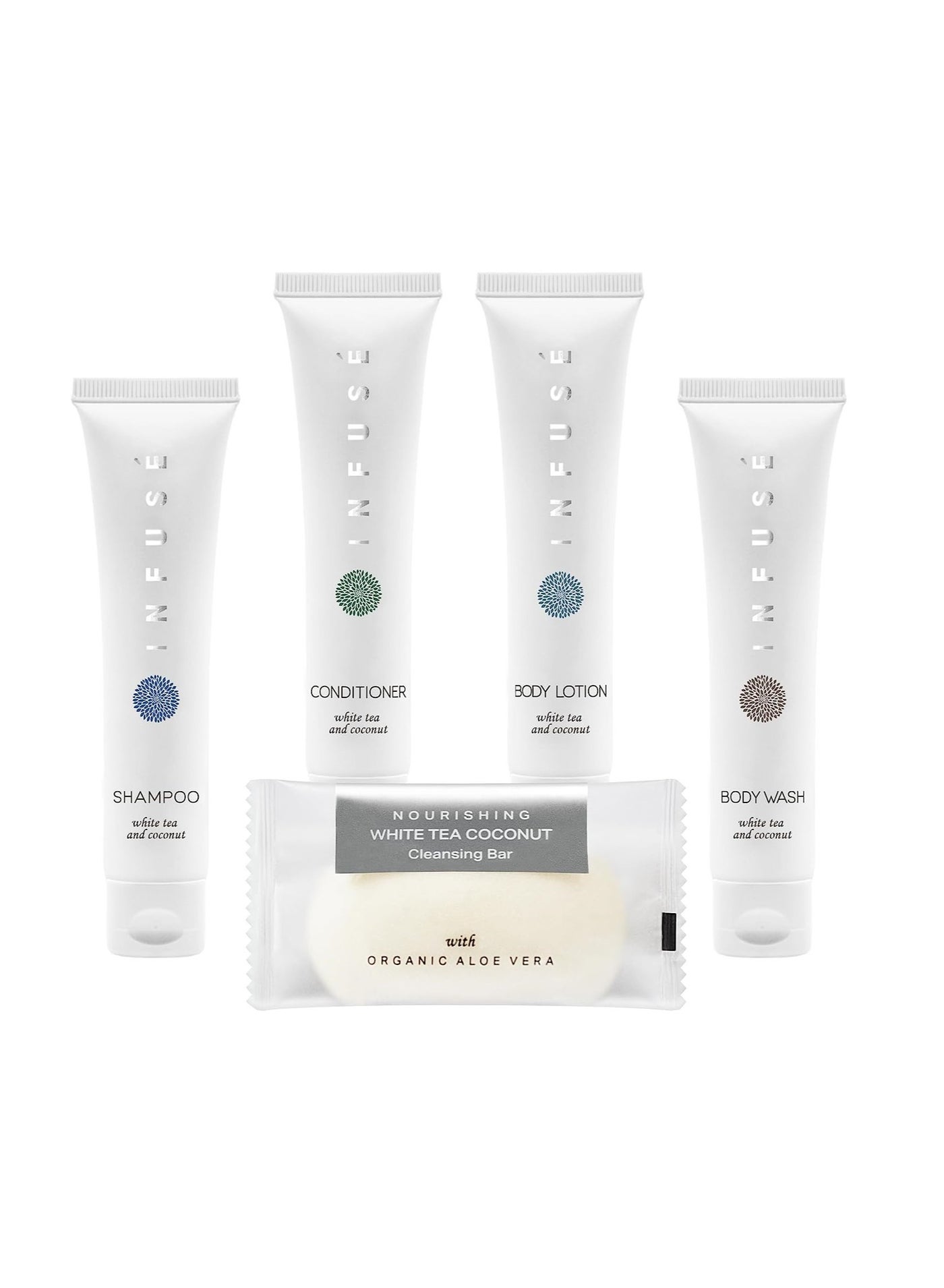 Infuse Pure White Tea and Coconut Hotel Soaps and Toiletries Bulk Set | 1-Shoppe All-In-Kit for Hotels | 1oz Shampoo & Conditioner, Body Wash, Lotion & 1.25oz Bar Soap | Travel Size 150 Pieces