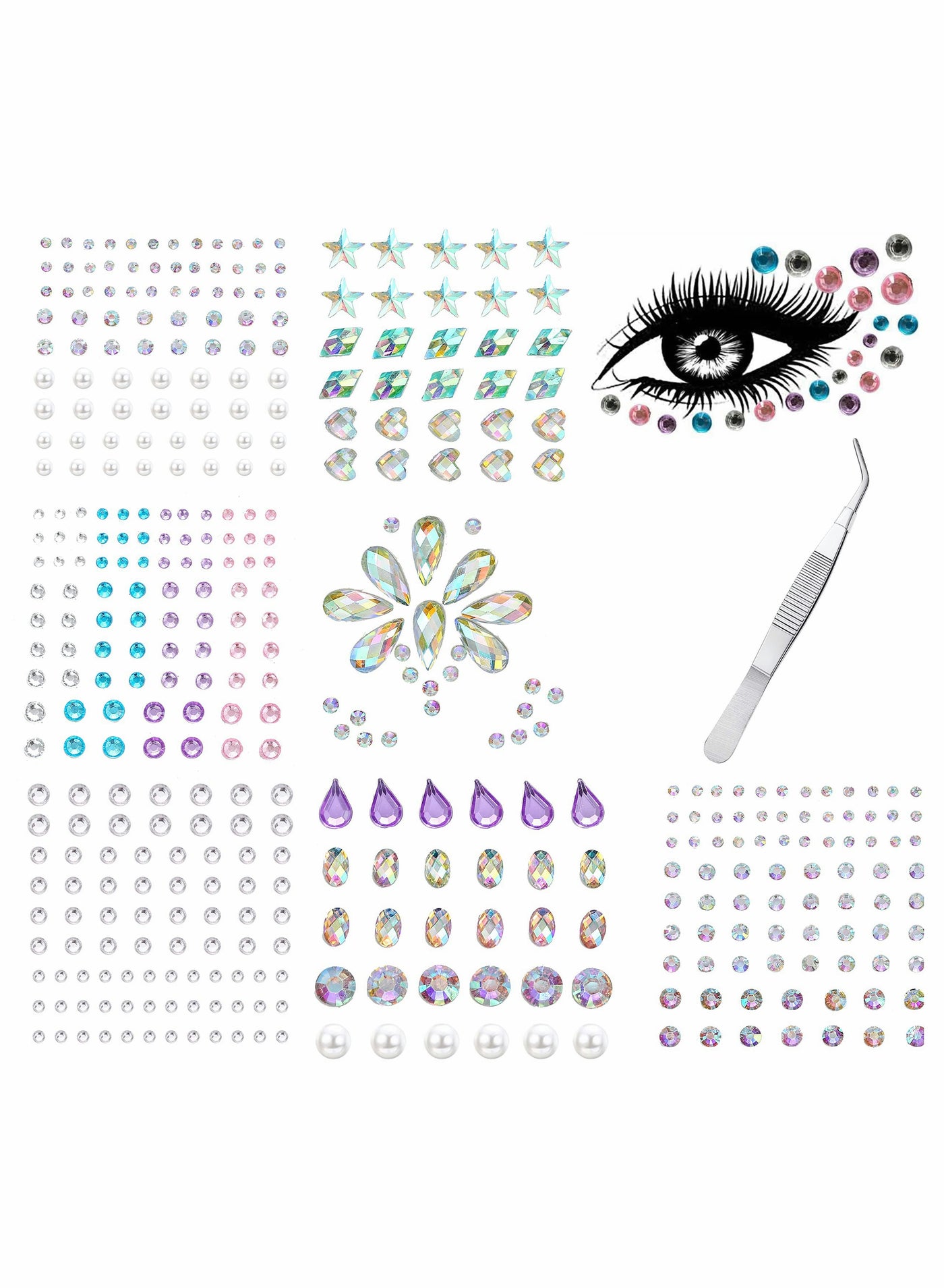 Eye Body Face Gems Jewels Rhinestone Stickers Self Adhesive Crystal Rainbow Makeup Diamonds Face Stick Gems for Women Festival Accessory and Nail Art Decorations (7 Sheets Elegant Style)