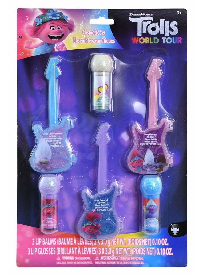Trolls 2 Shaped Lip Gloss & Lip Balm Cosmetic Set - 6 Piece Beauty Kit for Kids on Blister Card with Microphone-Shaped Flavored Lip Balm & Guitar-Shaped Flavored Lip Gloss for Kids
