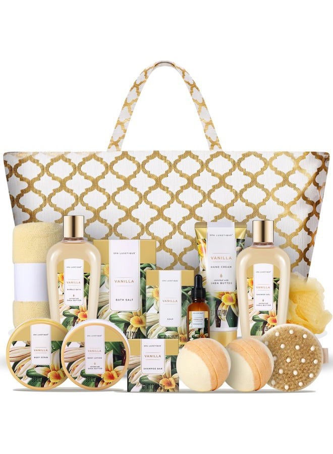 Spa Luxetique Gift Baskets for Women,15 Pcs Vanilla Spa Gifts for Women, Women's Gifts with Bubble Bath, Bath Salt, Bath Bombs, Mothers Day Spa Baskets
