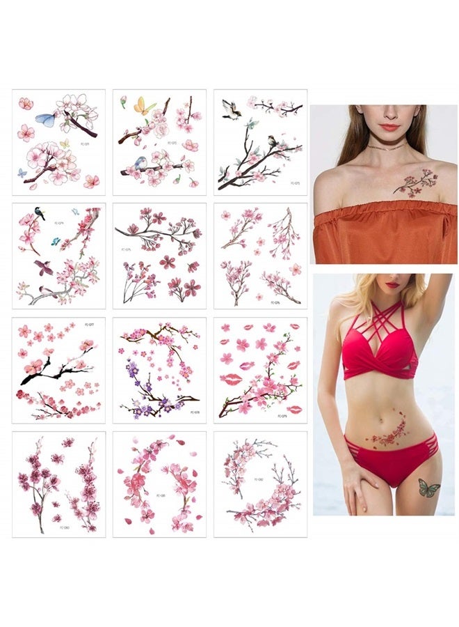 Glaryyears Flower Birds Temporary Tattoos, 12 Sheets Cherry Blossoms Fake Realistic Tattoo Sticker for Women Girls, Sexy Leaf Body Art for Seasons