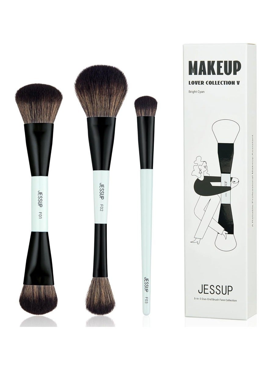 Jessup Face Makeup Brushes 3pcs Double Ended Makeup Brush Set for Foundation Contour Blush Highlight and Concealer Brush, Premium Vegan Brush Set Bright Cyan T503