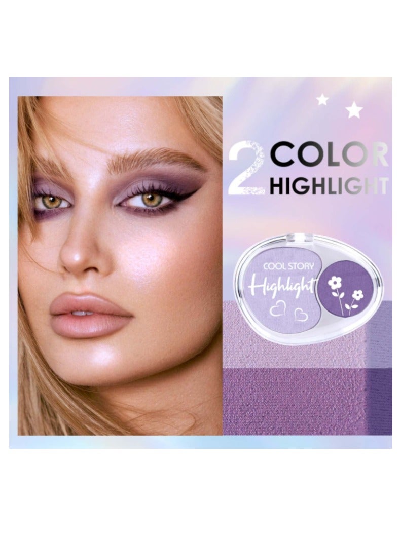 Two Color Glitter Highlighter Powder Palette,3 in 1 Blush and Highlighter Powder Makeup,Waterproof Long Lasting,Highly Pigmented Face Illuminator for a Glowing Look 1 Pcs Palette Color Purple