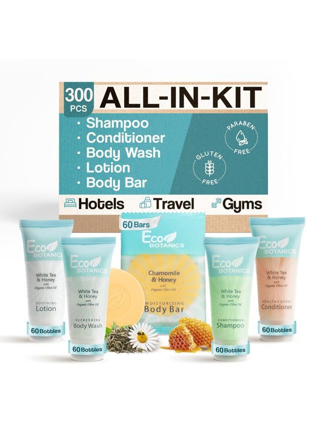 Eco Botanics Hotel Soaps & Toiletries Bulk Set | 0.85oz Hotel Shampoo & Conditioner, Body Wash, Body Lotion & Bar Soap Travel Size | 300 Pieces