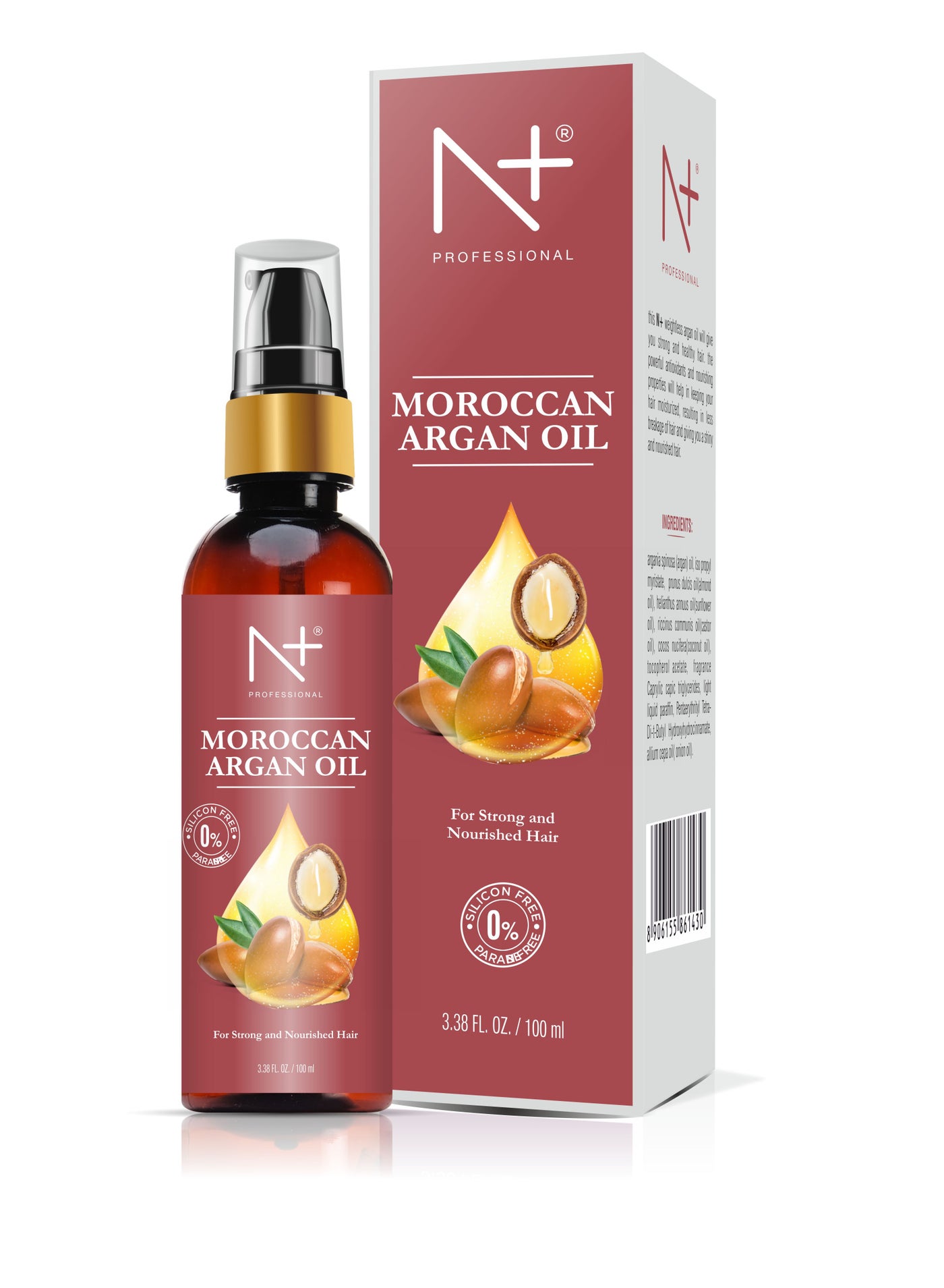 N Plus Professional Moroccan Argan Oil, For Strong and Nourished Hair, Silicon Free and Paraben Free - 100ml