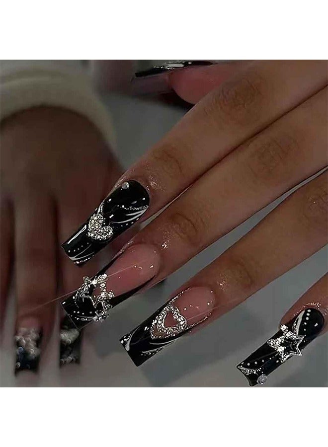 Press on Nails Medium Long Rhinestone Pink Fake Nails Square Bling Glossy 3D Flower False Nail Tips Artificial Nails Finger Manicure for Women and Girls-26pcs