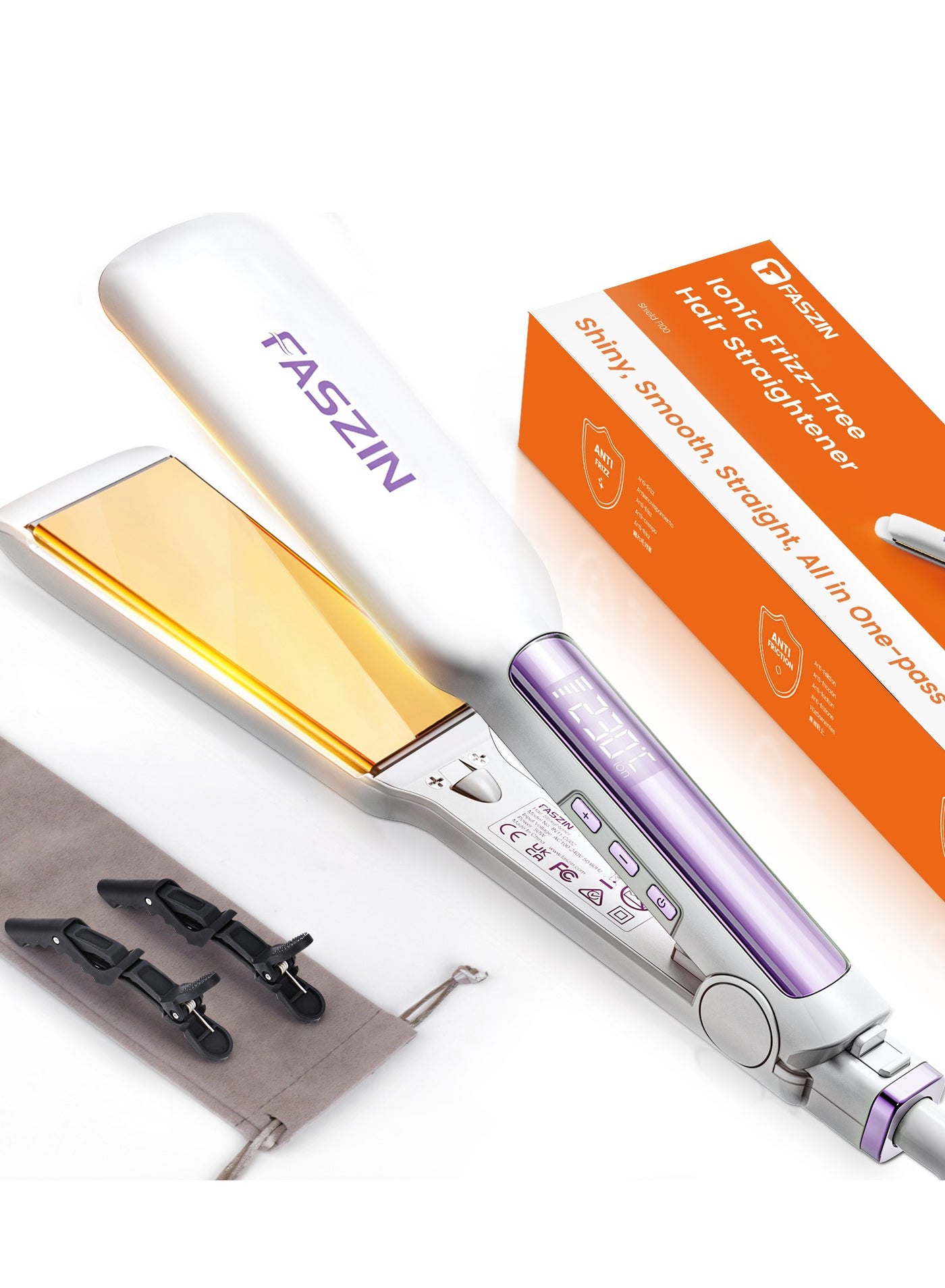 Professional Hair Straightener 42MM Wide-Plate Titanium Negative Ion Flat Iron 30s Rapid Heating LED Real-Time Temp Display Wide Voltage 10 Adjustable Temperature Levels (130°C-230°C)