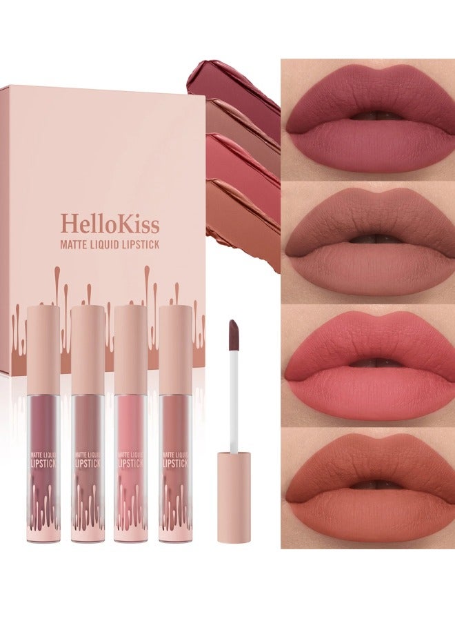 4 Colors Matte Liquid Lipstick Set Non Drying Moisturizing Formula Lip Gloss Ultra Matte Finish Waterproof Sweatproof Long Lasting Soft Smooth Matte Finish Liquid Lipstick