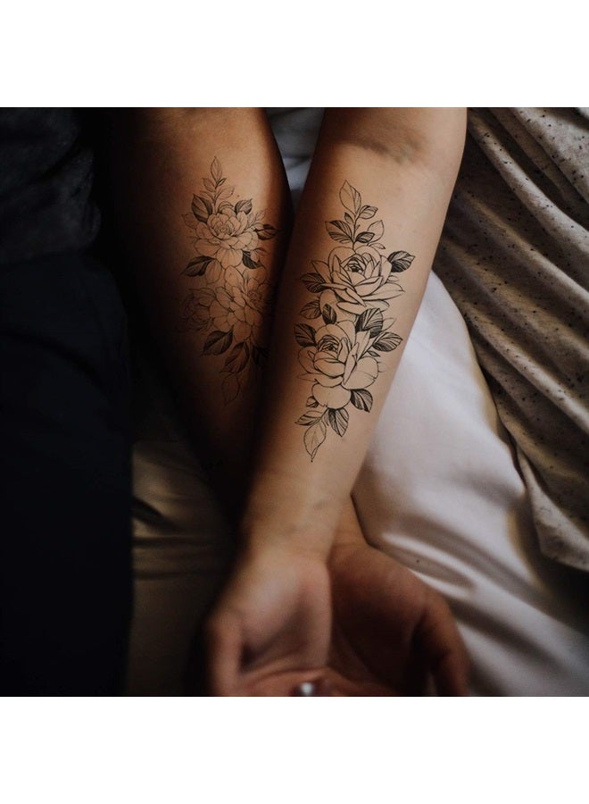 10 Sheets Waterproof Temporary Tattoo Stickers 3D Black Branch Rose Peony Flower Girls Blossom Waterproof Arm Leaf Sexy Arm Chains Pattern Perfect for Parties, Events and More