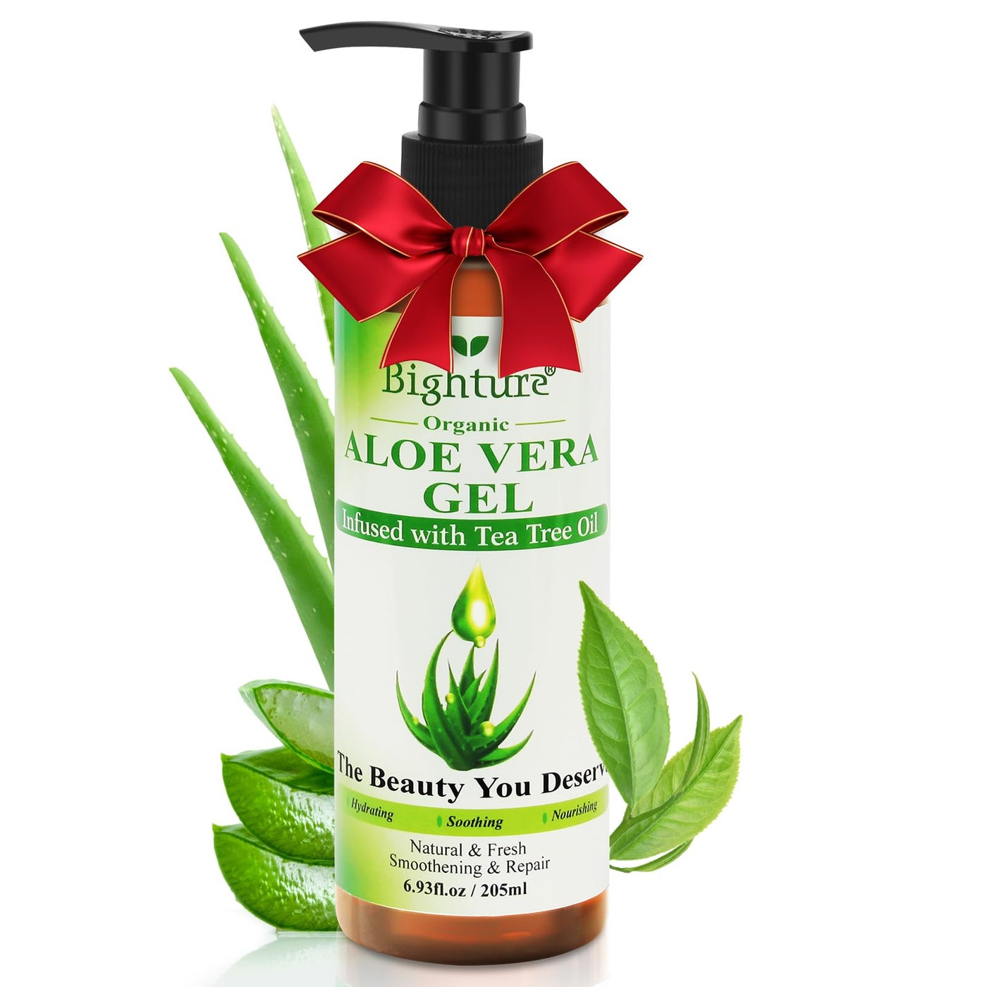 BIGHTURE Aloe Vera Gel with Tea Tree Oil for Face & Body, Freshly-cut Aloe Vera Gel Ideal for Skin, Scalp, & Hair Hydration, Calming Moisturizer for Soothing After Sun Care Relief, 6.93 oz