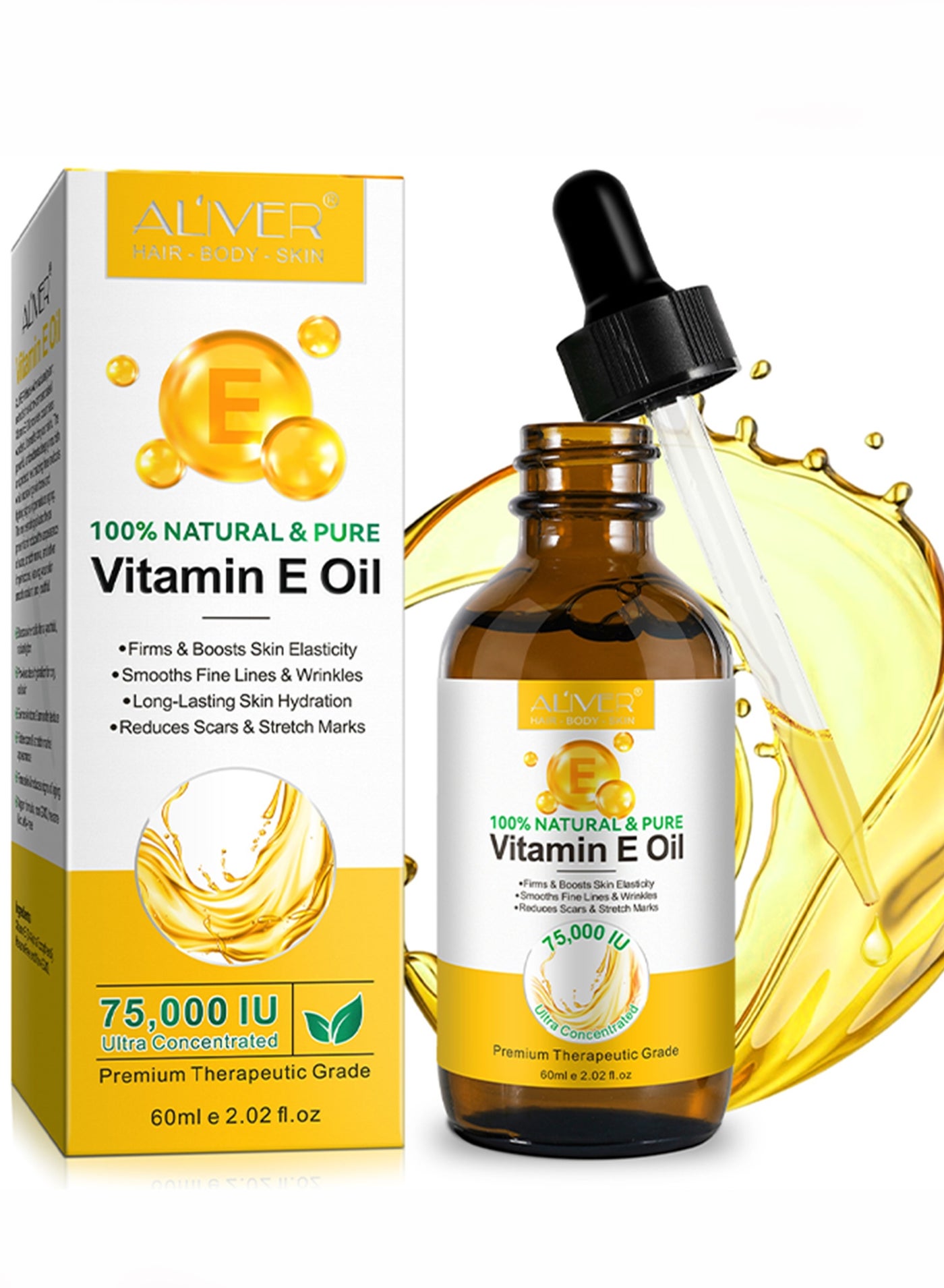 60ml Vitamin E Oil 100% Natural Pure 75000 IU Vitamin E Oil for Face Body Hair and Nails Moisturizes Reduce Scars and Stretch Marks Smooth Fine Lines and Wrinkles Anti Aging and Skin Hydration