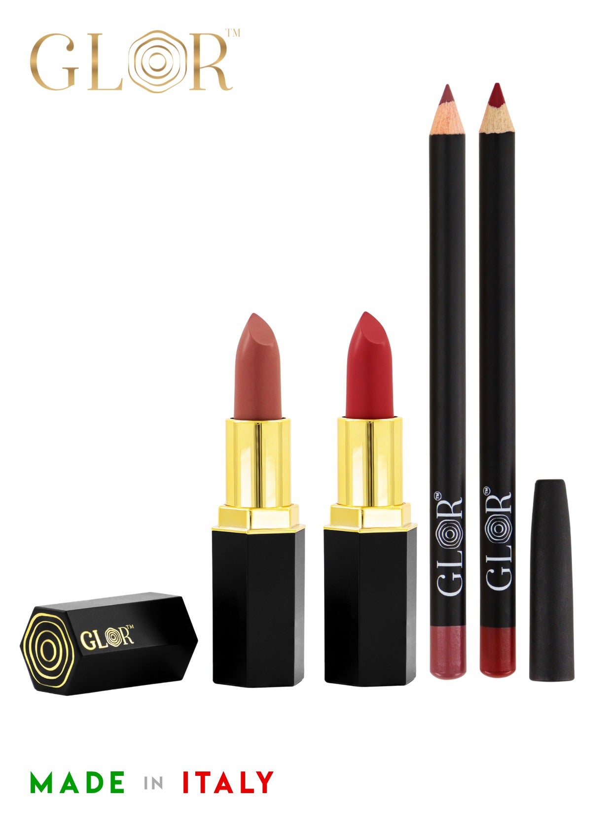 Glor Endless Charm Lipstick– Intense Long-Lasting Color, Luxurious Moisture, Ultra-Creamy Formula for Beautiful Lips-Affogato + Raspberry Range  and Glor Endless Charm Ultimate Precision Lip Liner  –Vegan, Allergen-Free, Long-Lasting Lip Definition- Cremisi + Here you Go