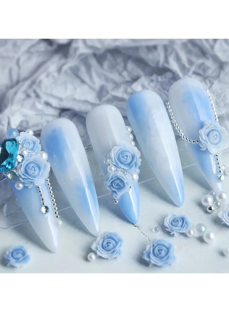 30pcs/bag Gradient Blue Rose Flower 3D Nails Charms Rhinestone Decoration Mixed Faux Pearl Charms Nail Art Accessories Valentine's Manicure Supplies 30PC-DHMG6