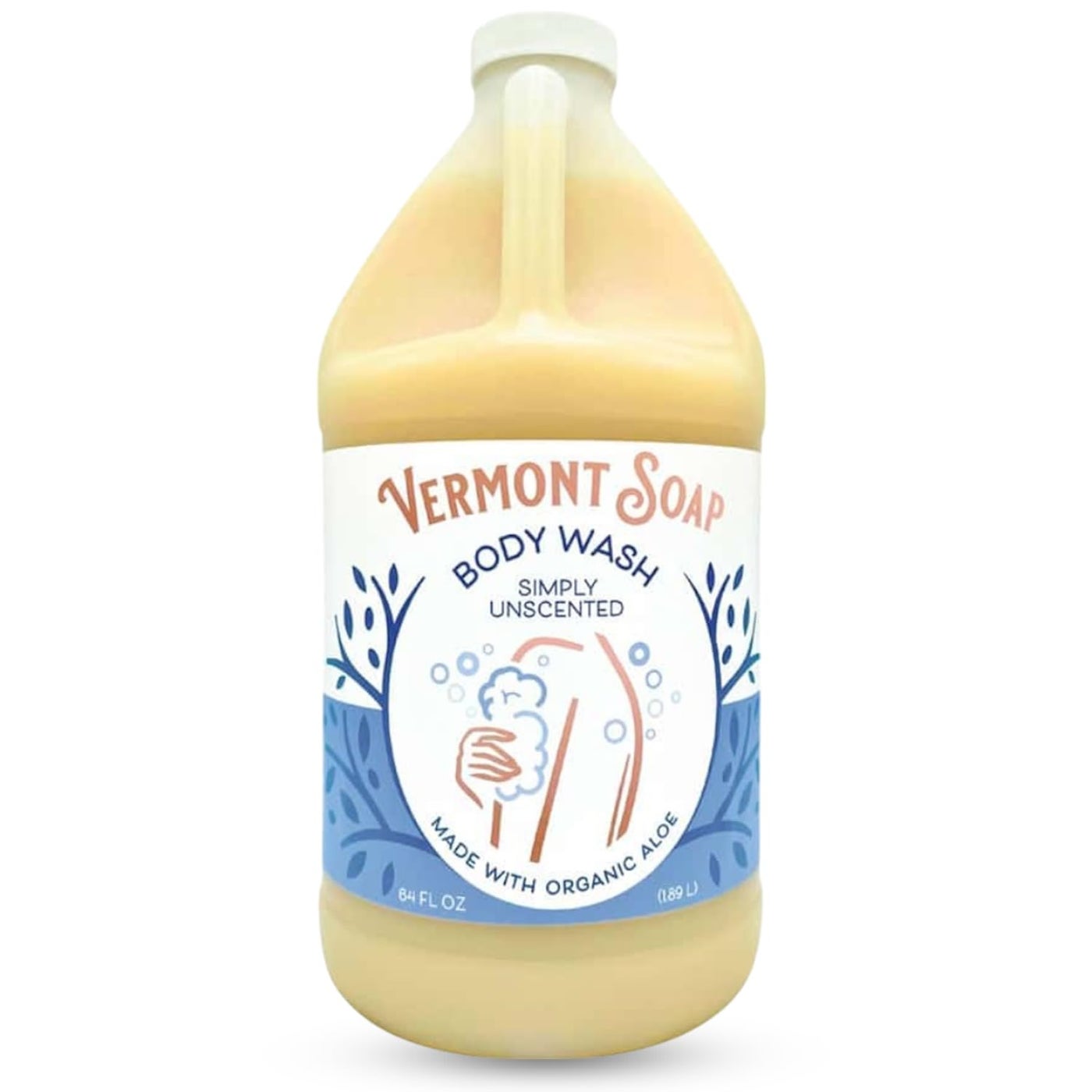 VERMONT SOAP Body Wash, Natural Body Wash with Shea Butter, Mild Gel Body Wash for Moisturizing and Soothing Skin, Fragrance Free Body Wash for Women & Men (Simply Unscented, 64oz)