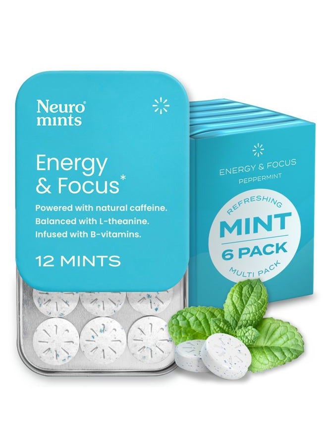Energy & Focus Mints (72 Count-6 Pack, Peppermint) | 40mg Natural Caffeine + L-Theanine + Vitamin B12 & B6 | Sugar Free Nootropic Cognitive Brain Performance Supplement