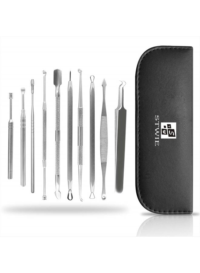 10pcs Pimple Popper Blackhead Remover Tool +Ear Wax Removal +Cuticle Pusher Stainless Steel Comedone Zit Blemish Acne Kit with Brush & Leather Bag