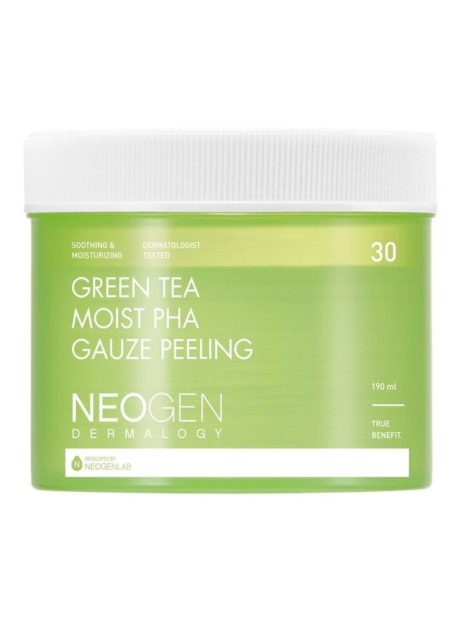 Green Tea Moist PHA Gauze Peeling Pads (30 pads) - Exfoliating & Soothing Peeling Pad with AHA, BHA, PHA, LHA & Green Tea & Hyaluronic Acid - Korean Skin Care