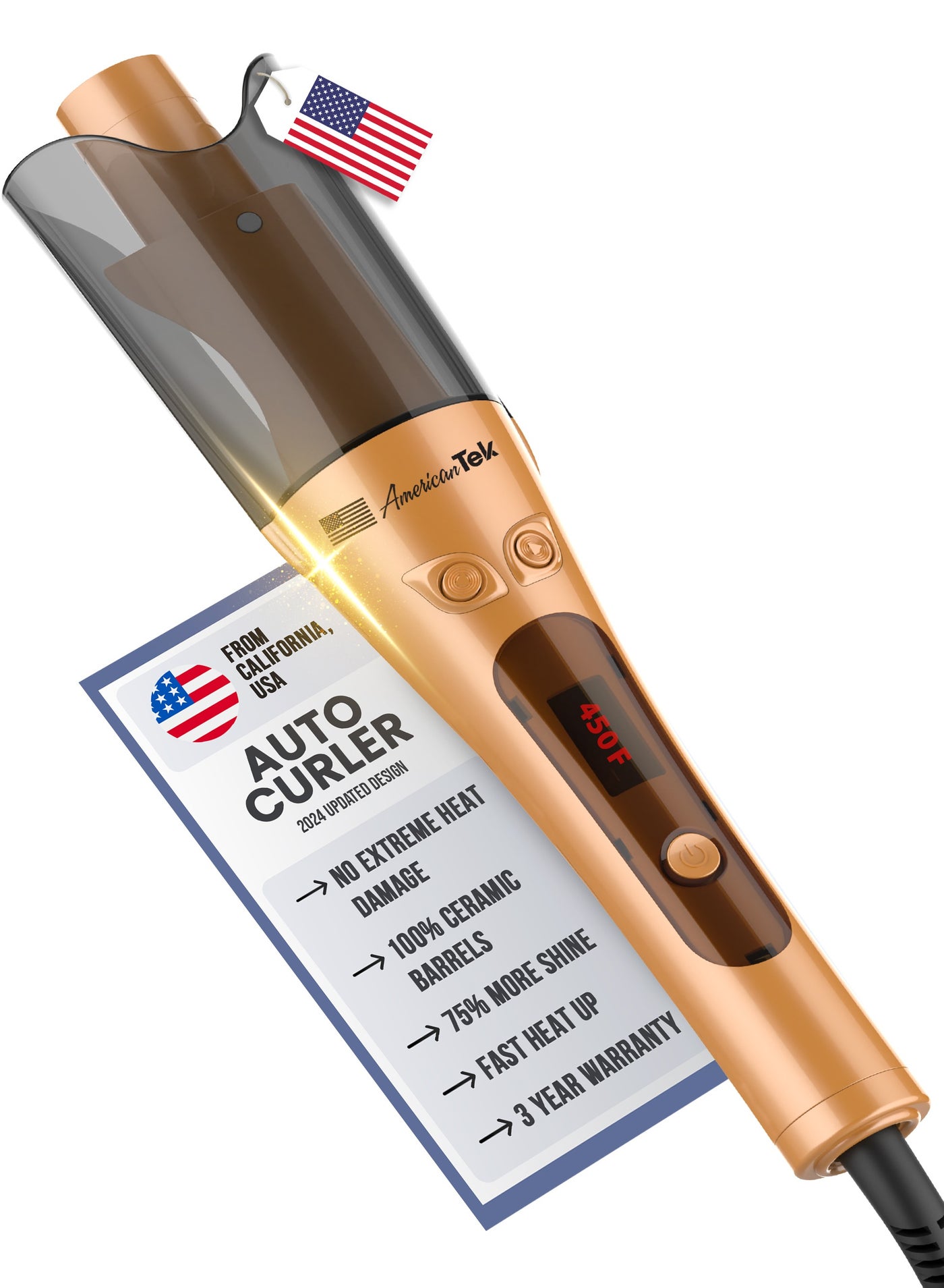 Automatic Curling Iorn Wand- Auto Curler With 4 Temperatures, 3 Timers And LCD Display - Gold