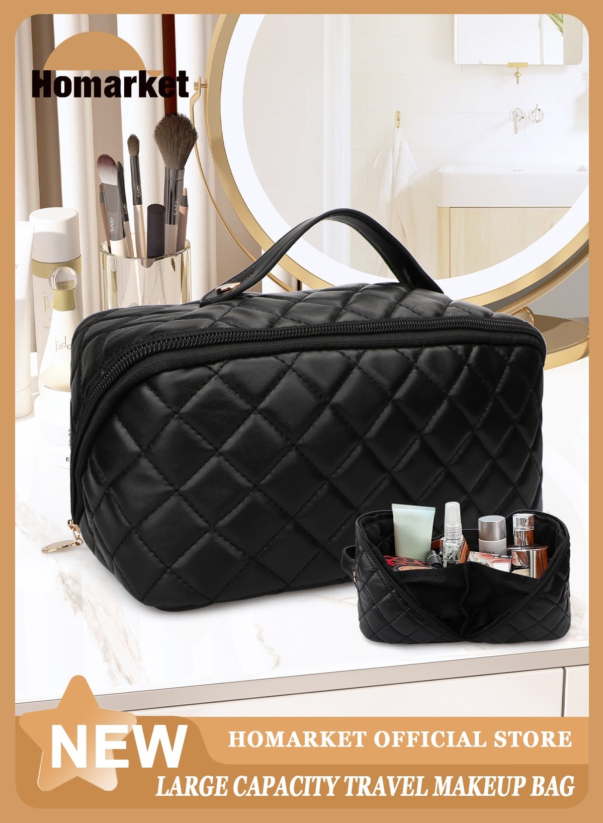 Large Capacity Travel Cosmetic Bag - Portable Makeup Bags for Women Travel Toiletry Bag Waterproof Leather Checkered Makeup Organizer Bag, Roomy Cosmetic Bag for Women and Girls, Black