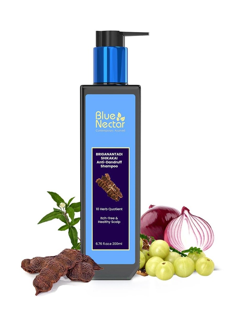 Blue Nectar Anti Dandruff and Healthy Scalp Hair Cleanser Shampoo with Bhringraj, Shikakai, Suitable for Colored Hair, Dry Frizzy Hair | Plant Based Alternate to Salicyclic Acid (10 Herbs, 200 ml)