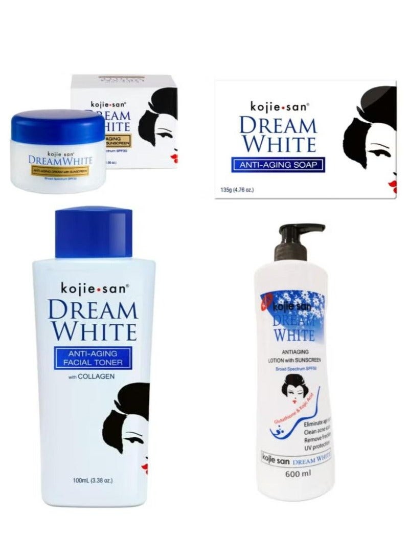 Dream white Set 4 Pcs For Lightening  Anti-Aging Face Cream With Sunscreen, SPF30, 30 g + Body Lotion with Sunscreen 600 ml + Facial Toner with Collagen Kojic Acid Whitening 100ml + Soap 135 g