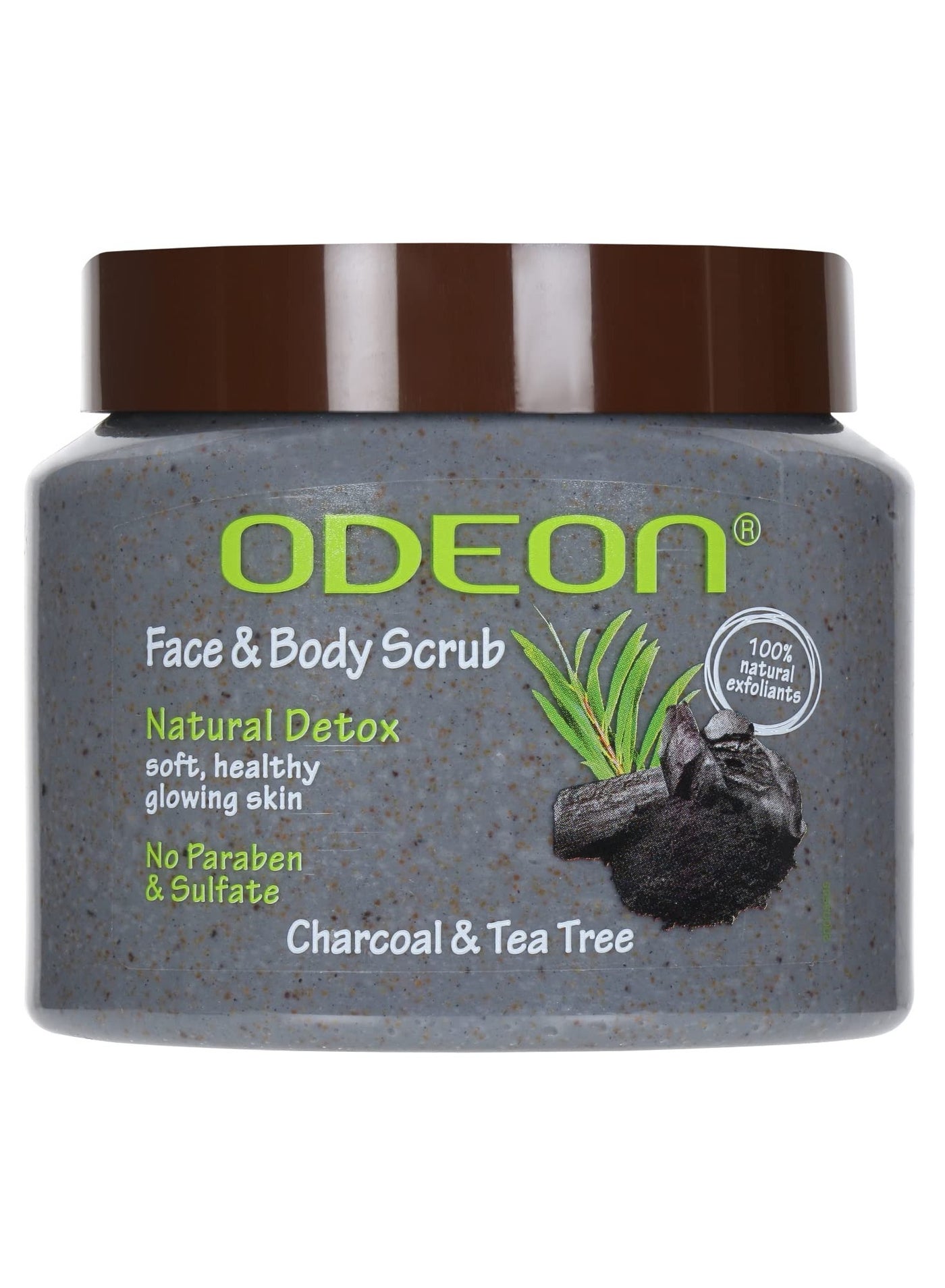 ODEON Charcoal and Tea Tree Oil Body Scrub (300ml) Face Scrub for Oily Skin Body Scrub to Fight Body Odour and Bacteria Gentle Exfoliating Scrub Face Scrub for Natural Detox Soft and Glowing Skin