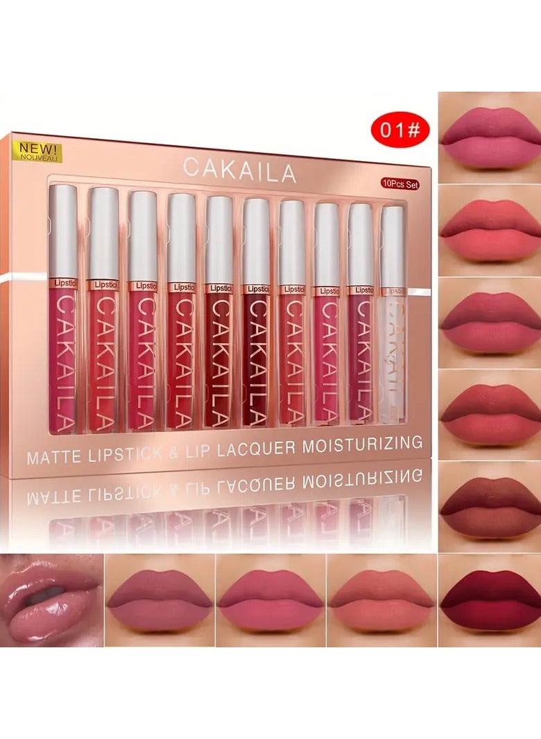 CAKAILA 10pcs Matte Lip Gloss Lipstick Set, Long-Lasting Waterproof Non-Stick Cup, Non-Fade Liquid Velvet, Red Shades, All Skin Types, Adult Use, Matte Finish, Beauty Personal Care