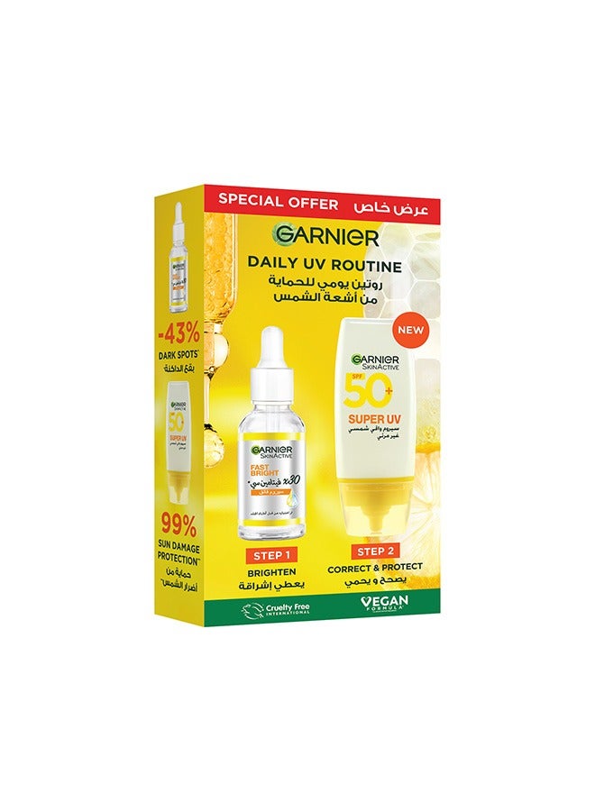 SkinActive Brightening Kit: Fast Bright 30X Vitamin C Anti-Dark Spot Serum 30ML + Super UV Invisible Serum Sunscreen SPF 50+ 30ML