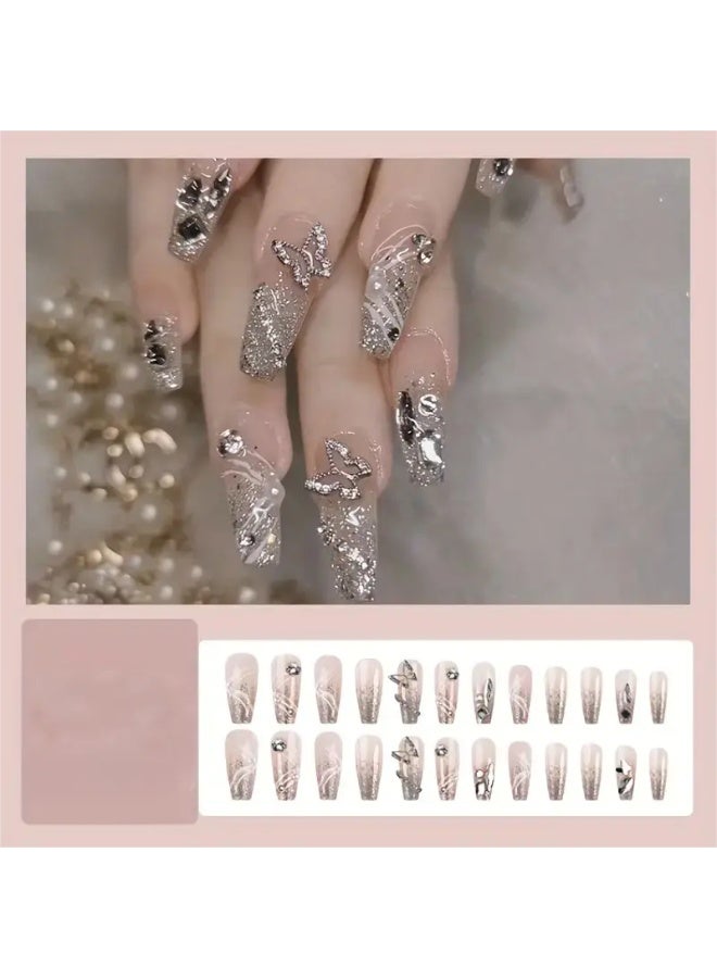 24pcs Long Square Nude Press-On Nails with Butterfly, Pearl Accents & Glitter Finish
