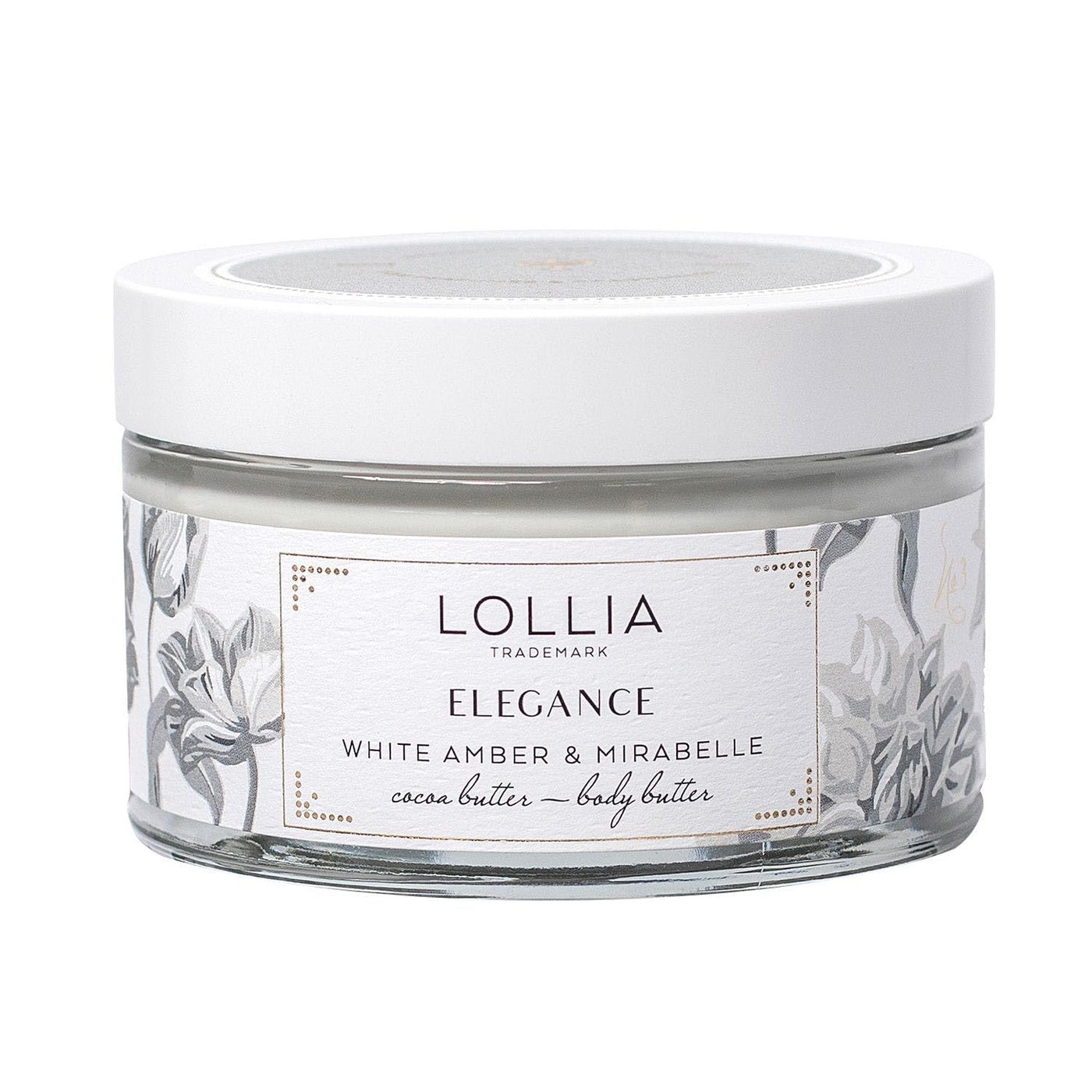 LOLLIA Elegance Body Butter, 5.5 oz. â€“ White Amber & Mirabelle - Shea Butter & Cocoa Butter, Body Lotion for Women, Hydrating & Smooth Body Moisturizer