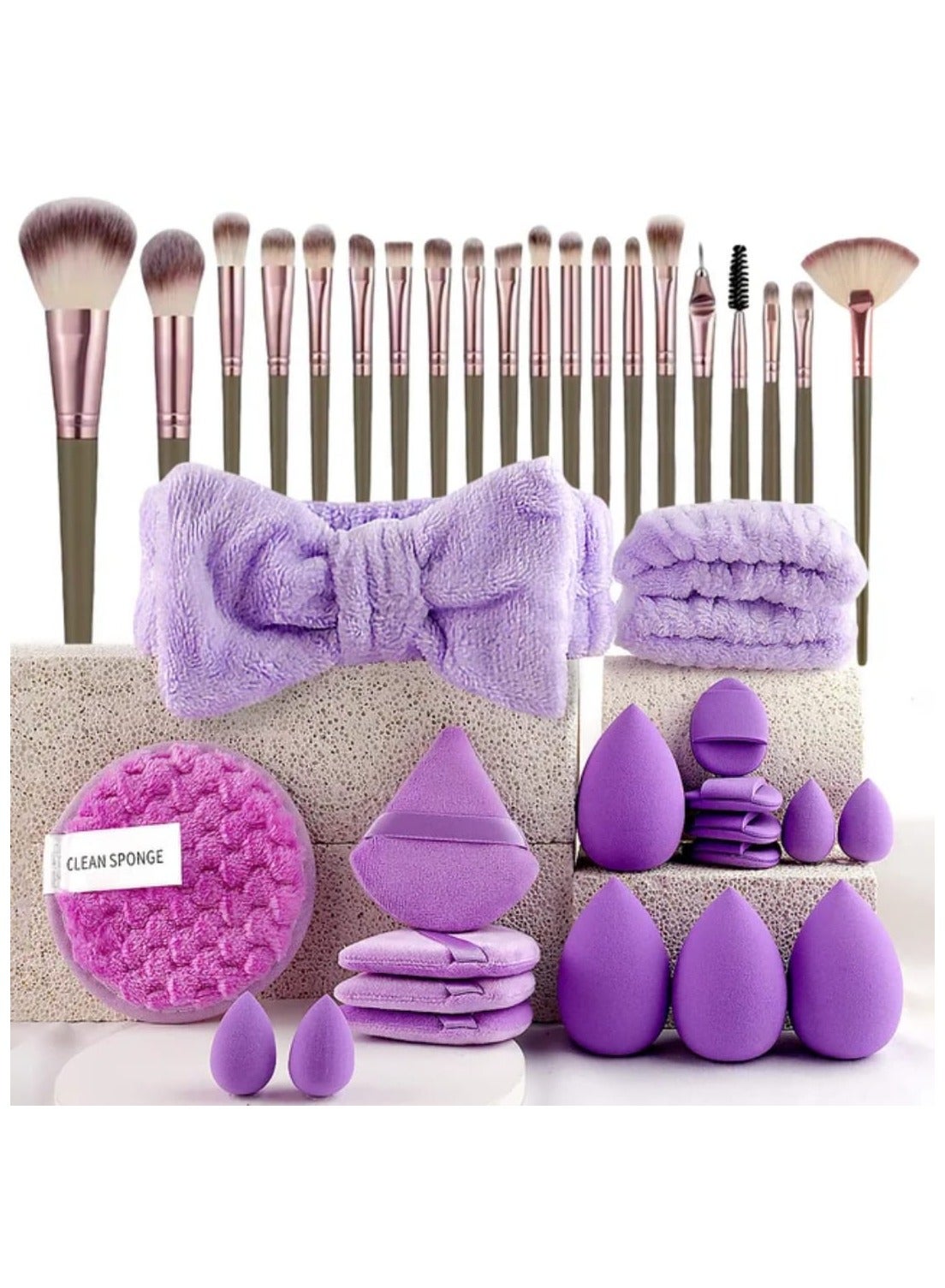 40 Pcs Makeup tool Set, High Quality Makeup Brushes Set, 1 Headband, Wristbands, Makeup Remover Puff, Finger Puffs, Makeup Brushes