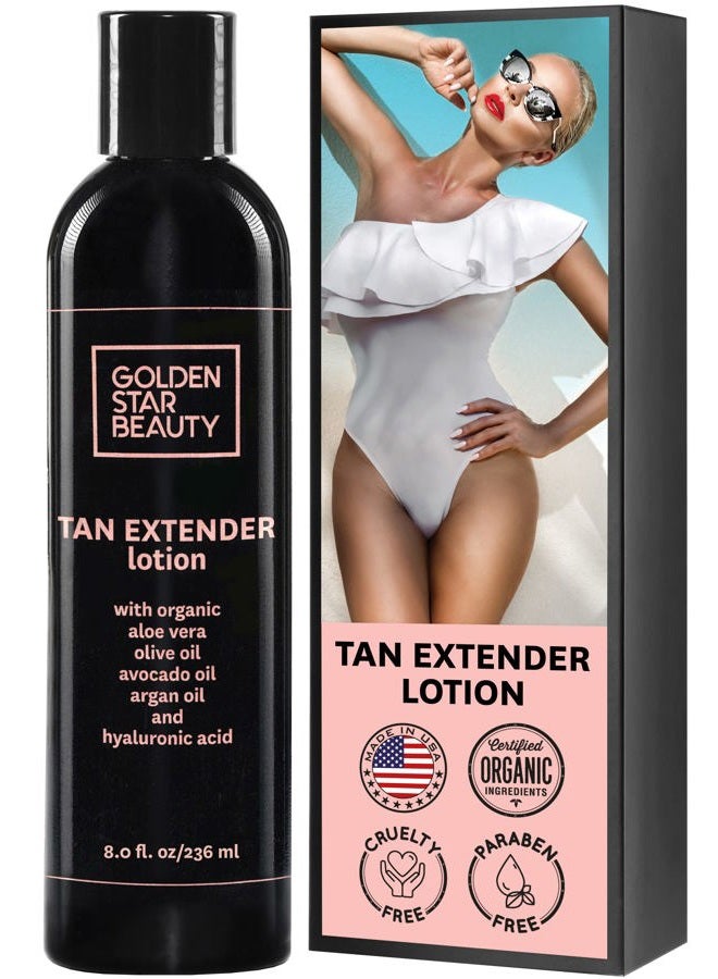 Tan Extender Daily Moisturizer - Best After Tanning Lotion w/Organic Oils and Hyaluronic Acid to Extend Your Tan from Sunless Tanner, Spray Tan, Sun or Tanning Bed 8.0 fl.oz.- Booklet included