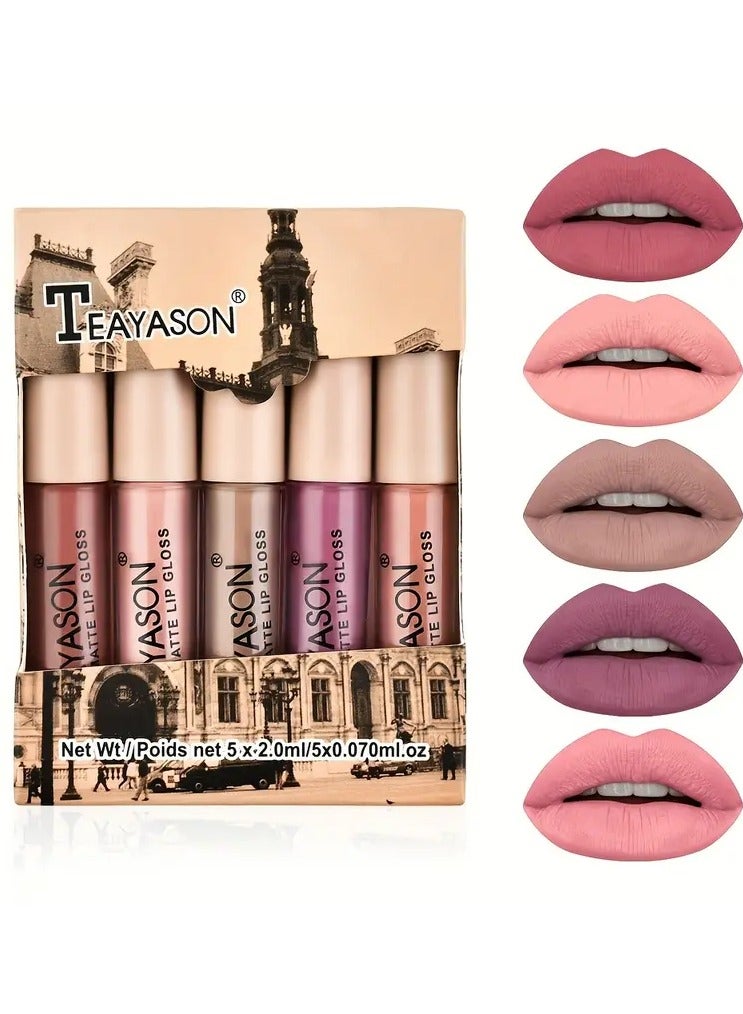 TEAYSON Matte Lip Gloss Set for Adults, Waterproof Non-Fading, Long-Lasting Liquid Lipstick, All Skin Types, Multicolor Nude and Pumpkin Shade Lip Glaze, 5-Piece Box