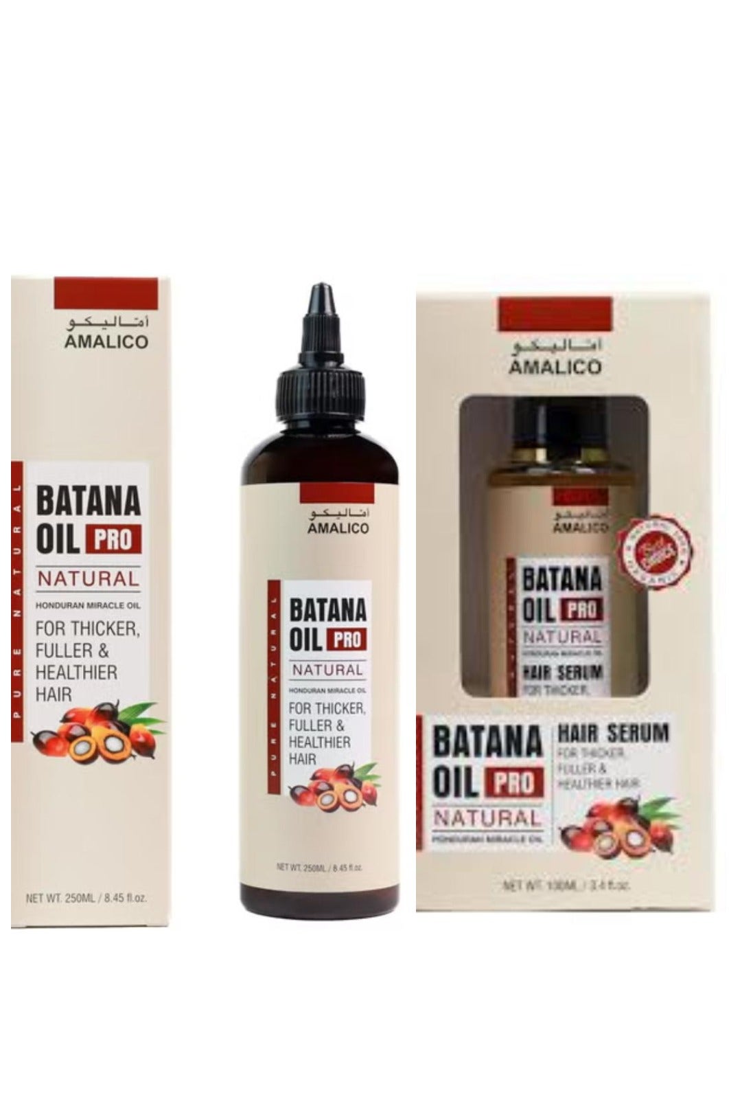 Set Of 2 Pcs   Batana Oil Pro Natural Hair Serum with Coconut, Jojoba, Castor and Argan Oil 100ml + Batana Oil Pro Natural Honduran Miracle Oil For Thicker Fuller & Healthier Hair 250ml