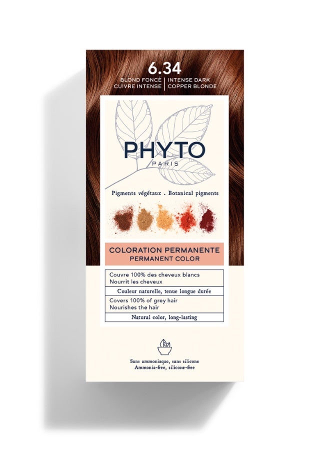 Phyto PhytoColor Permanent Hair Color Kit, Shade 6.34 Dark Copper Blonde, Ammonia-Free Botanical Hair Dye with 100% Grey Coverage