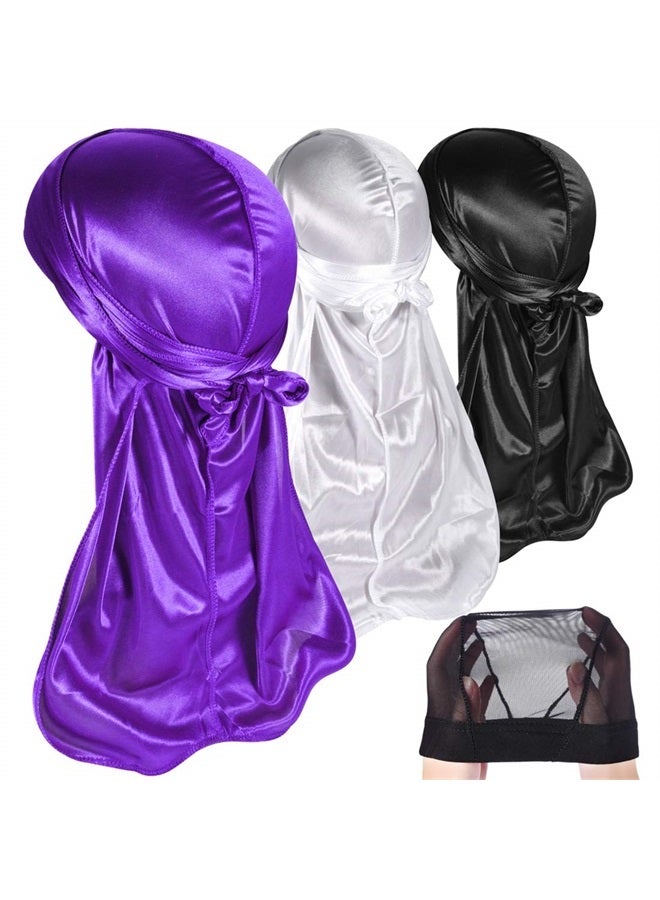 3PCS Silky Durags Pack for Men Waves, Satin Doo Rag, Award 1 Wave Cap,Q