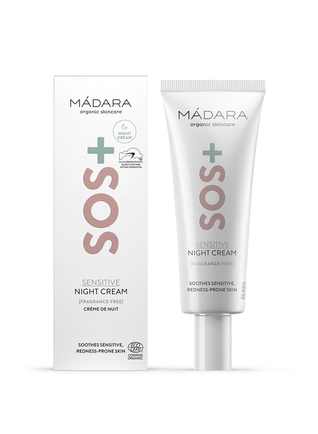 MÁDARA Organic Skincare | SOS+ SENSITIVE Night Cream, – Calming moisture for sensitive, reactive and redness-prone complexions, Dermatologically proven to soothe redness, Fragrance and colourant-free