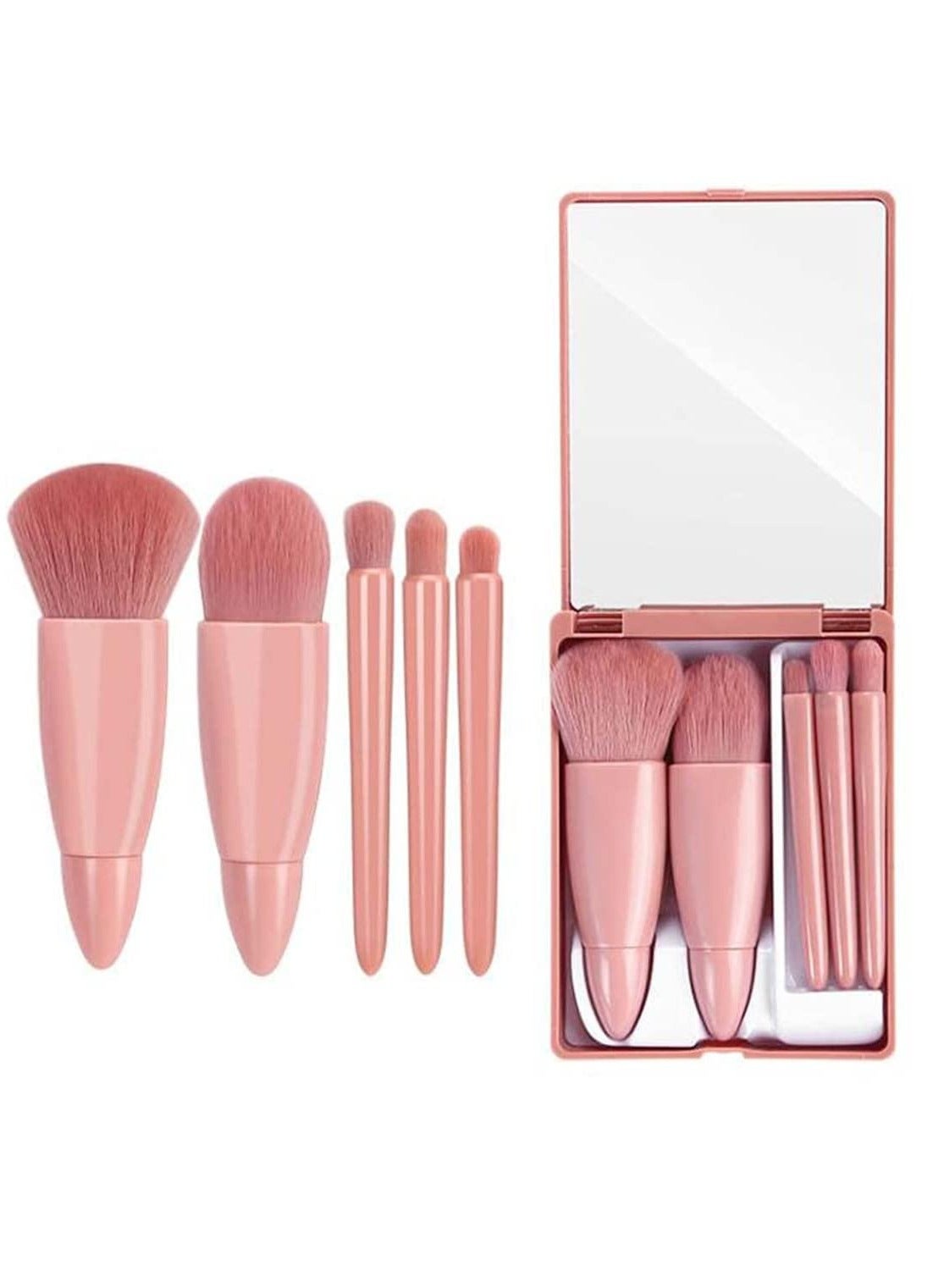 Portable 5Pcs Travel Makeup Brush Set with Mirror Lip Blending Powder Eyeshadow Brush Multicolor