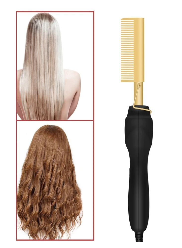 2 in 1 Heating Comb Gold Multifunctional Hair Straightener Flat Electric Straightening Brush Hot Comb for Wet and Dry Hair