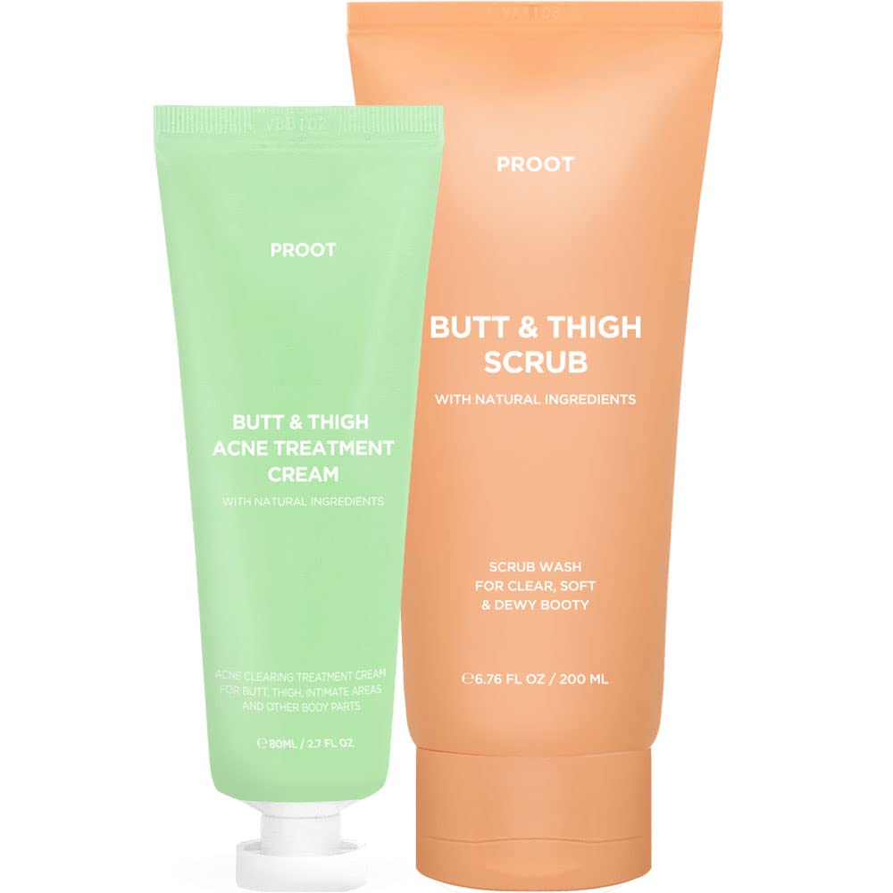PROOT Butt Acne Spot Treatment Cream (Tube Type) + Butt & Thigh Scrub Wash | Treatment Cream and Booty Scrub for Acne, Cellulite, Ingrown Hair, Bikini & Razor Bump | For all skin typeâ€¦