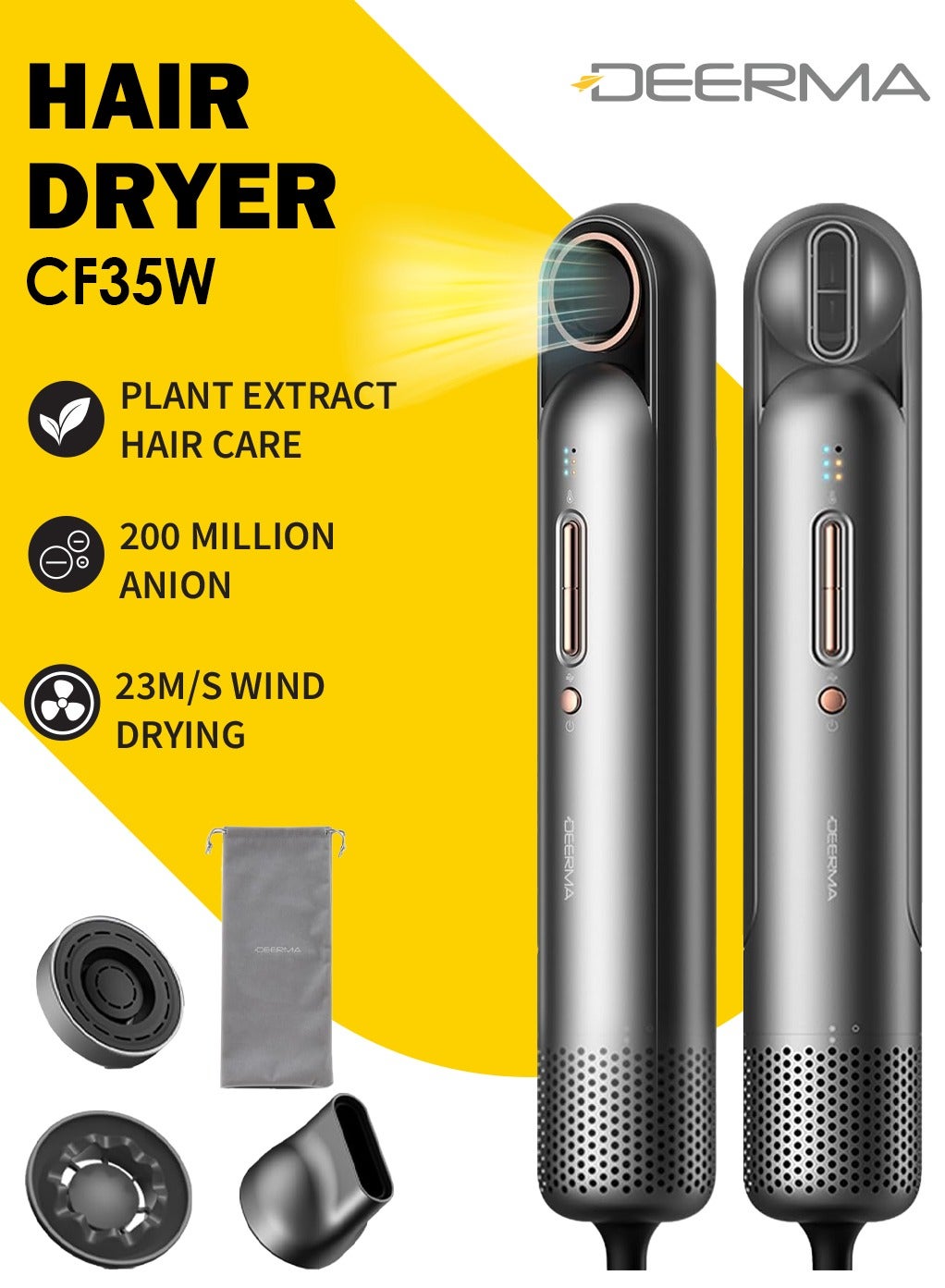 High Wind Speed Hair Dryer With Columnar Design, 200 Million Negative Ion Hair Care, 23 m/s Speed Wind, 60° Magnetic Suction Wind Nozzle and 12 Dry Hair Mode, Lightweight and Portable DEM-CF35W  - Gray