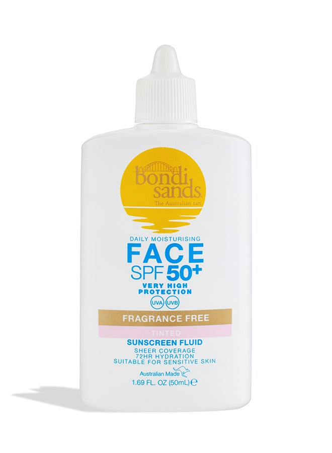 SPF 50+ Fragrance Free Tinted Face Fluid 50ml | Broad Spectrum Tinted Facial Sunscreen with Natural Finish | Non-Comedogenic UVA UVB Protection for All Skin Types | Lightweight Daily Tinted SPF Fluid