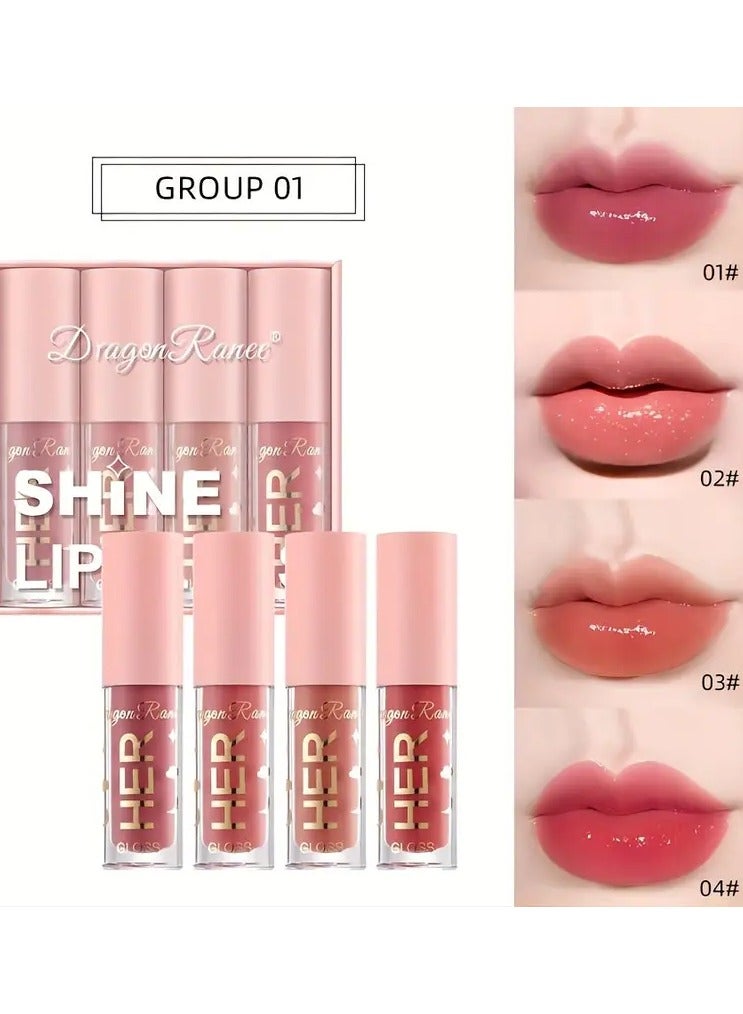 DragonRanee Shine Lip Gloss Set of 4 - Adult Radiant Sheen Lip Color, Long-Lasting & Moisturizing, Diverse Shades, Universal Skin Compatibility, Luminous Sparkle Finish, Easy Application