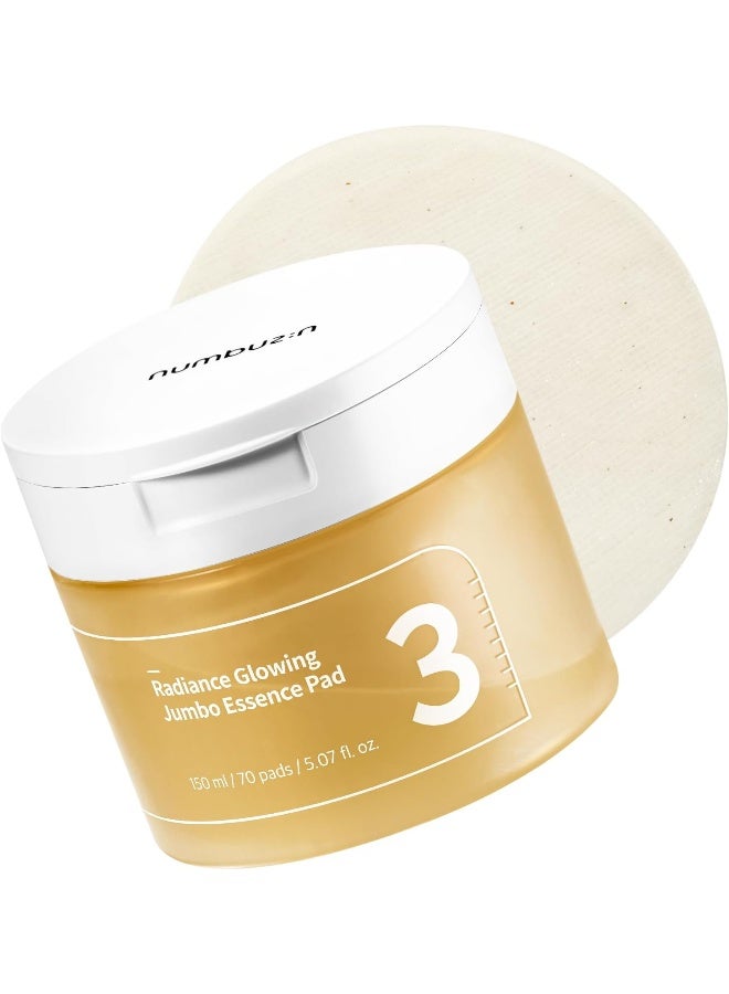 No.3 Toner Pads | Radiance Glowing Jumbo Essence Pad | Clear Glass Skin, Skin Radiance, Texture Care | Biodegradable Vegan Pads, Fermented Ingredients, Niacinamide | 70 pads/150ml