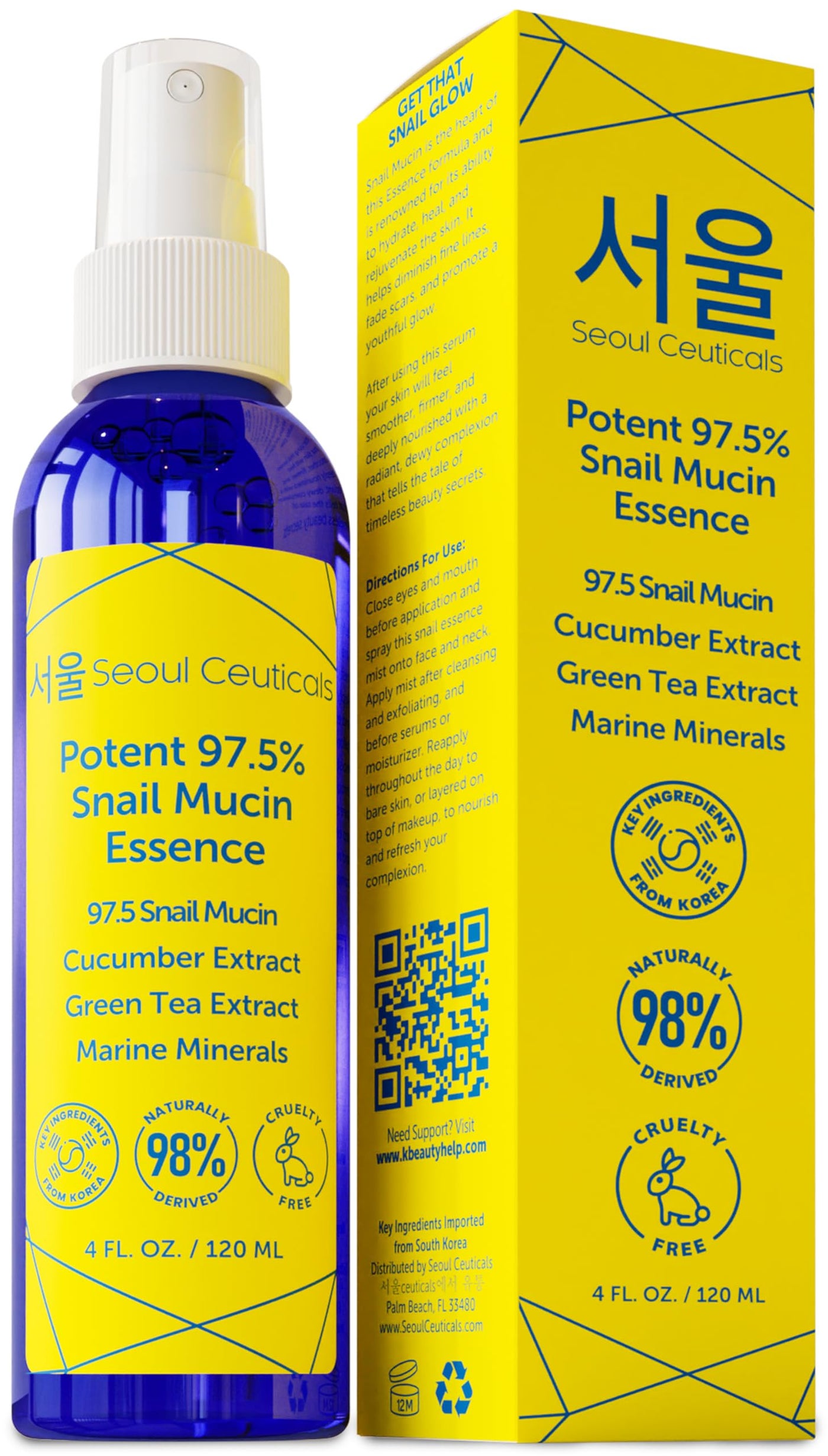 SeoulCeuticals Korean Face Mist 97.5% Snail Mucin Essence - K Beauty Skincare Facial Spray - Cucumber Extract + Marine Minerals + Green Tea + Aloe 4oz